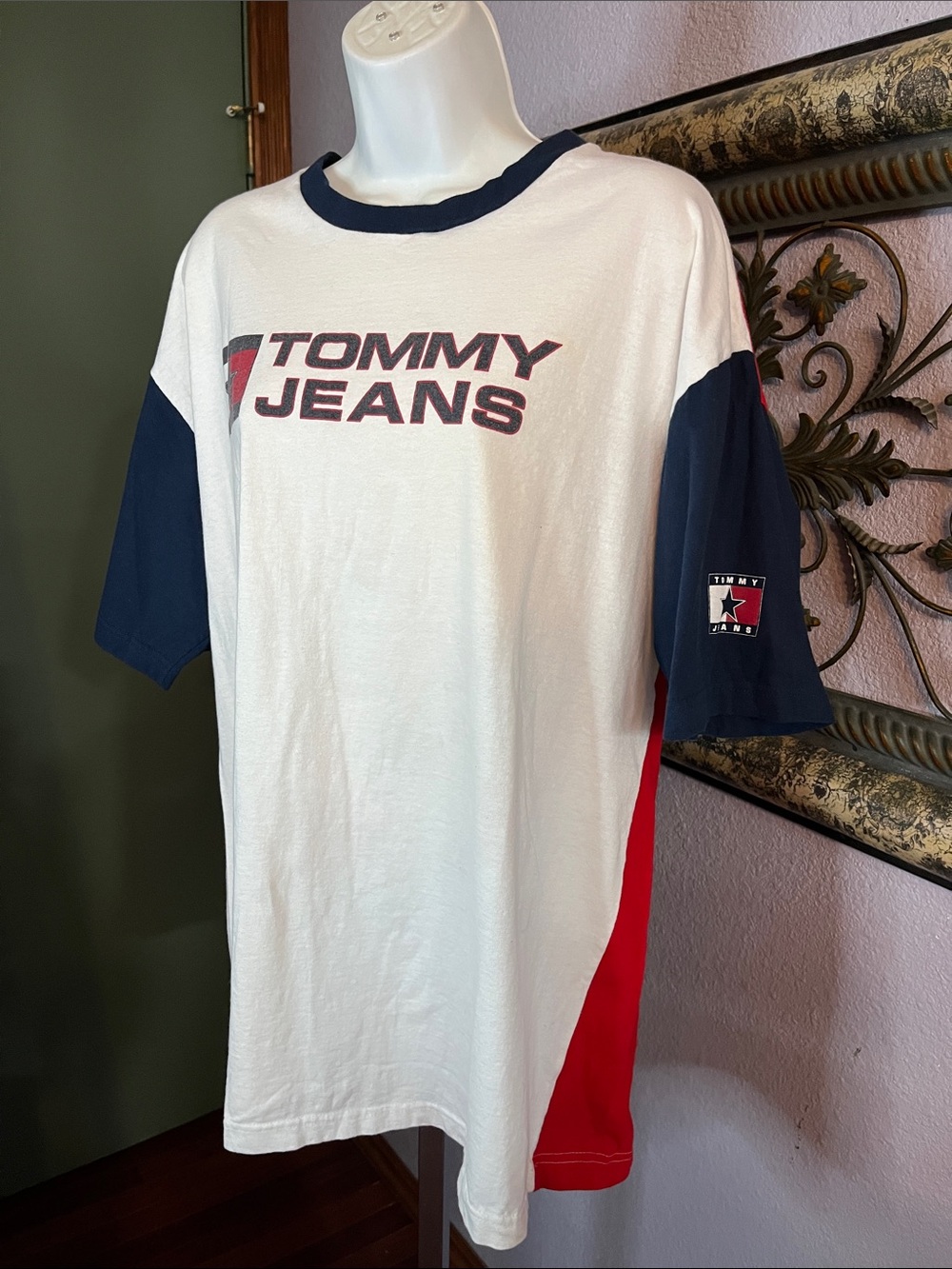 Tommy Hilfiger VTG White Navy Red Colorblock 'Tommy Jeans' Logo Tee Sz XL